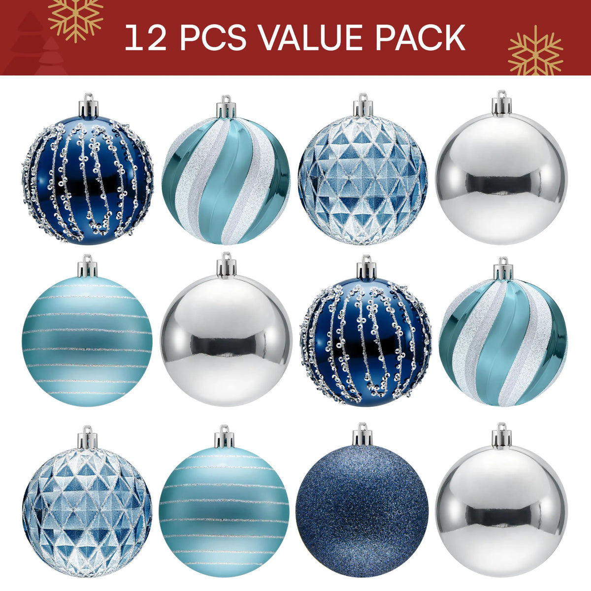 12-Piece 3.15-Inch Blue and Silver Christmas Ball Ornaments Set