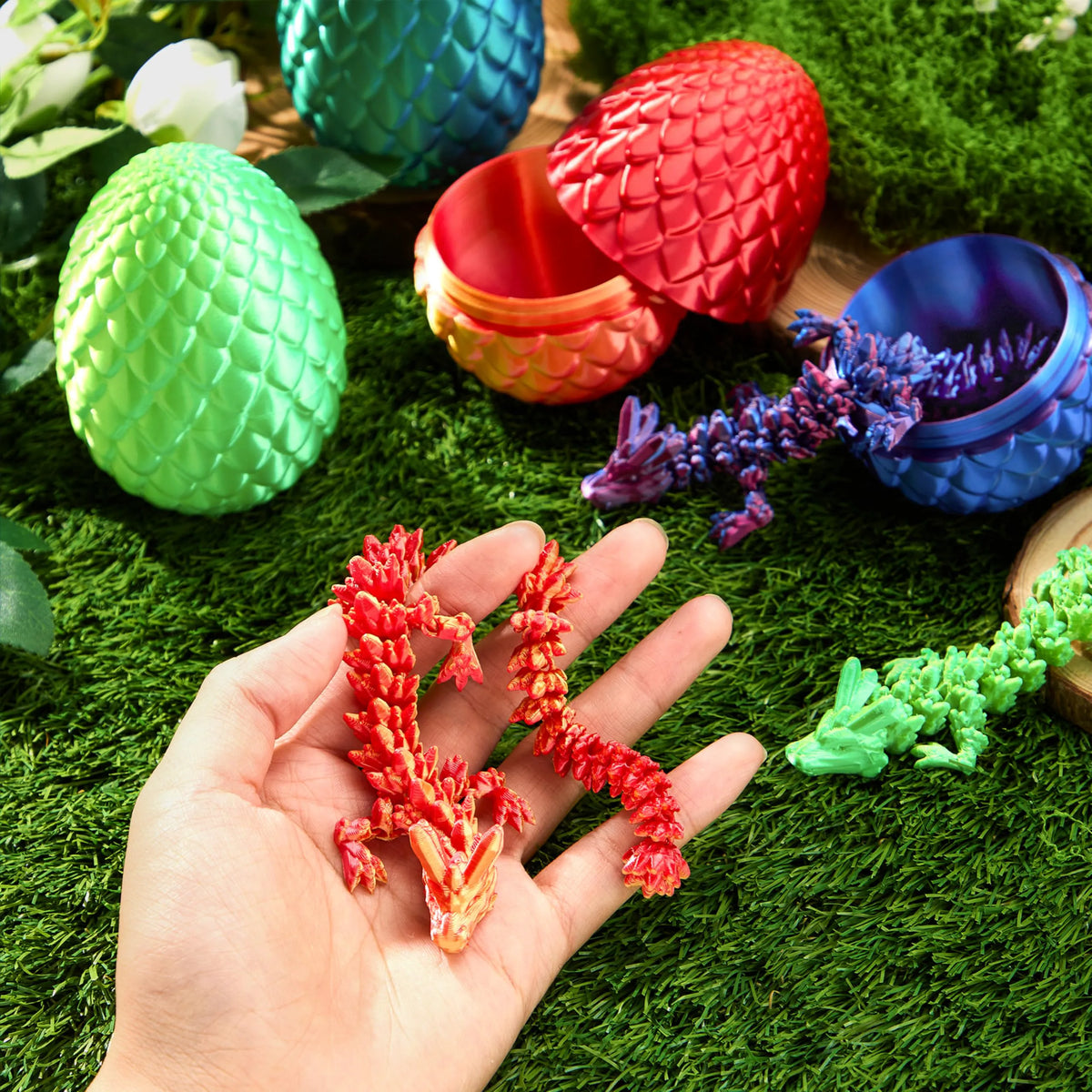 4 Pack 3D Printed Dragon Eggs with Laser Dragon - Articulated Fidget Toys for Kids