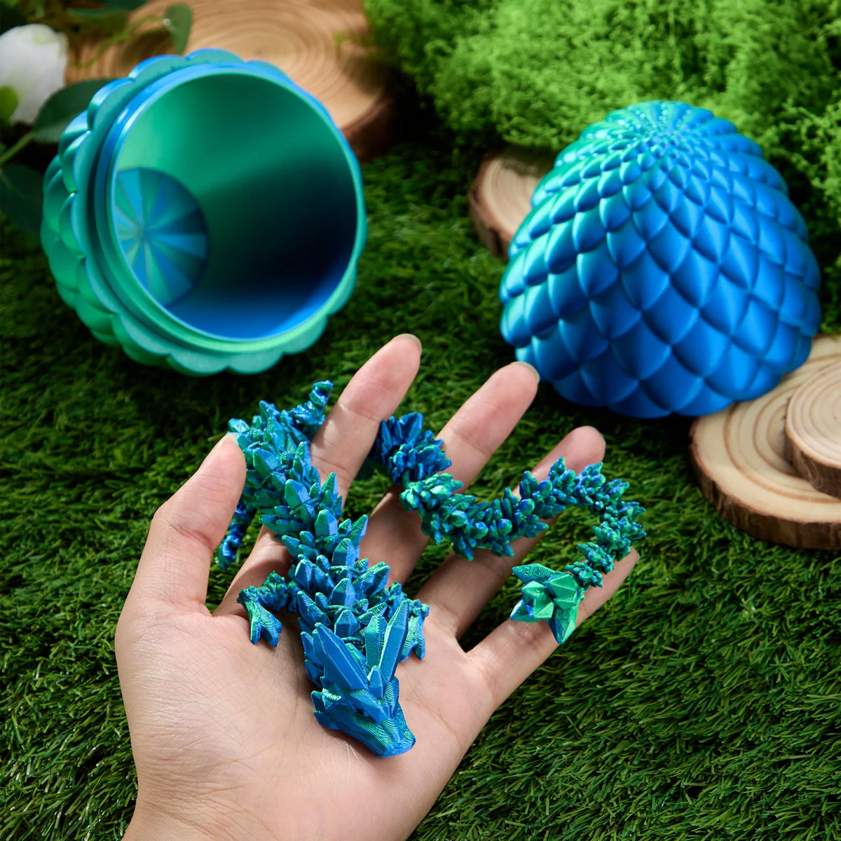 3D Printed Dragon Egg with 12" Laser Blue-Green Dragon Inside