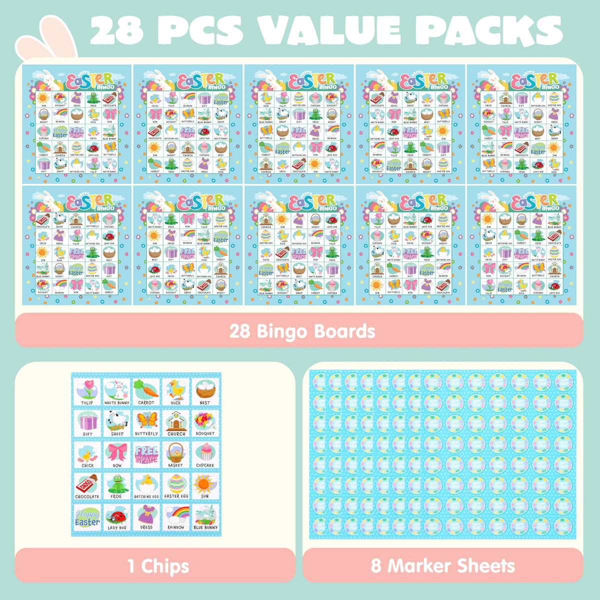 Easter Bingo Cards for Kids - 28 Players, 5x5 Grid, Blue