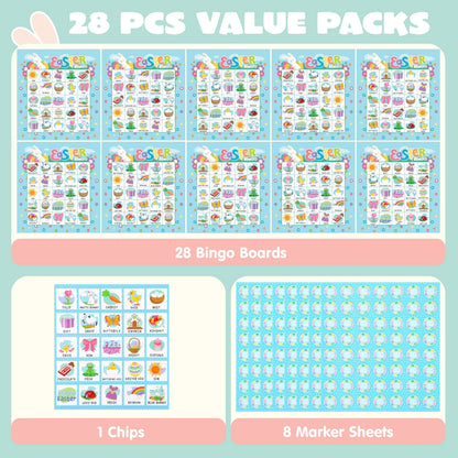 Easter Bingo Cards for Kids - 28 Players, 5x5 Grid, Blue