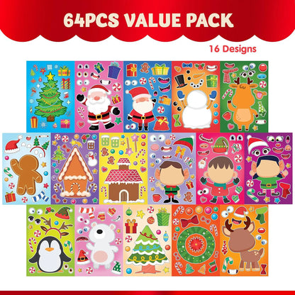 64 Pcs Christmas Make-a-Face Stickers - Fun Holiday Crafts for Kids
