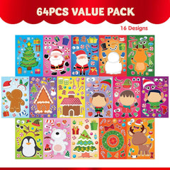 64 Pcs Christmas Make-a-Face Stickers - Fun Holiday Crafts for Kids