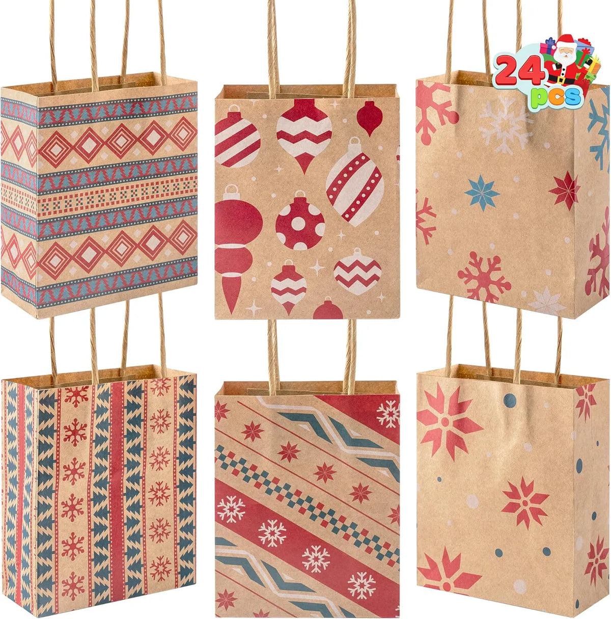 24 Pack Christmas Kraft Gift Bags with Handles