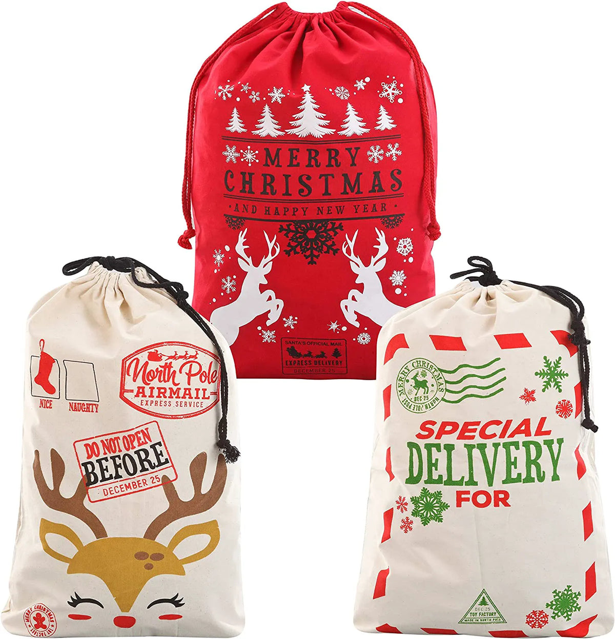 Large Santa Drawstring Bags, Set of 3