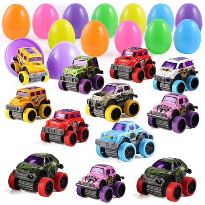 12 Pack 3.8 Inch Easter Eggs with Pull Back Monster Cars & Trucks for Easter Egg Hunt