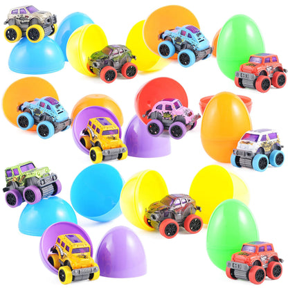 12 Pack 3.8 Inch Easter Eggs with Pull Back Monster Cars & Trucks for Easter Egg Hunt