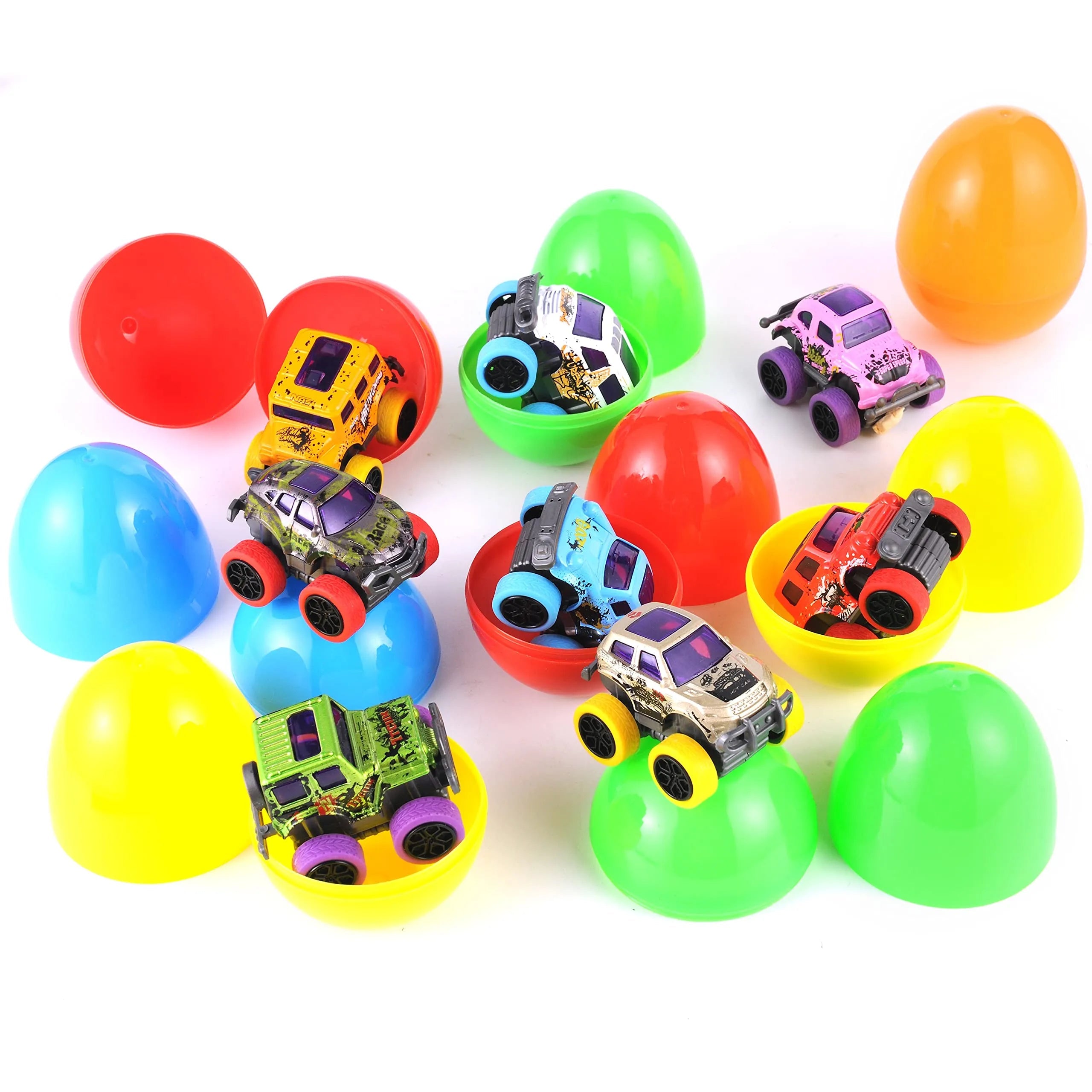 12 Pack 3.8 Inch Easter Eggs with Pull Back Monster Cars & Trucks for Easter Egg Hunt