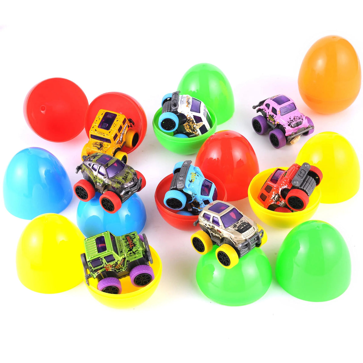 12 Pack 3.8 Inch Easter Eggs with Pull Back Monster Cars & Trucks for Easter Egg Hunt