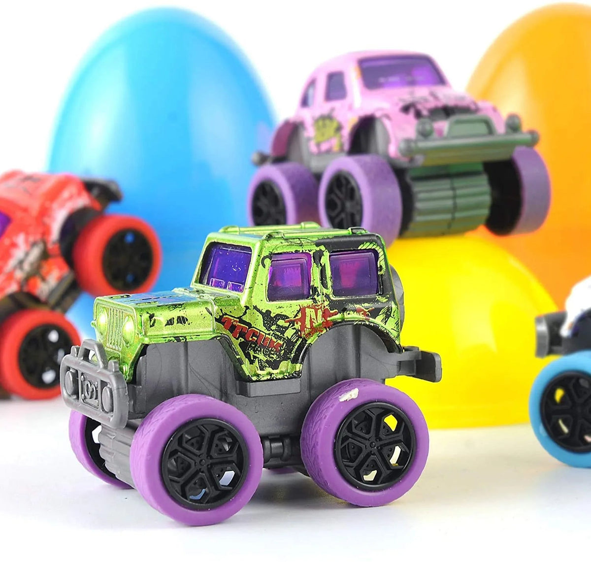 12 Pack 3.8 Inch Easter Eggs with Pull Back Monster Cars & Trucks for Easter Egg Hunt