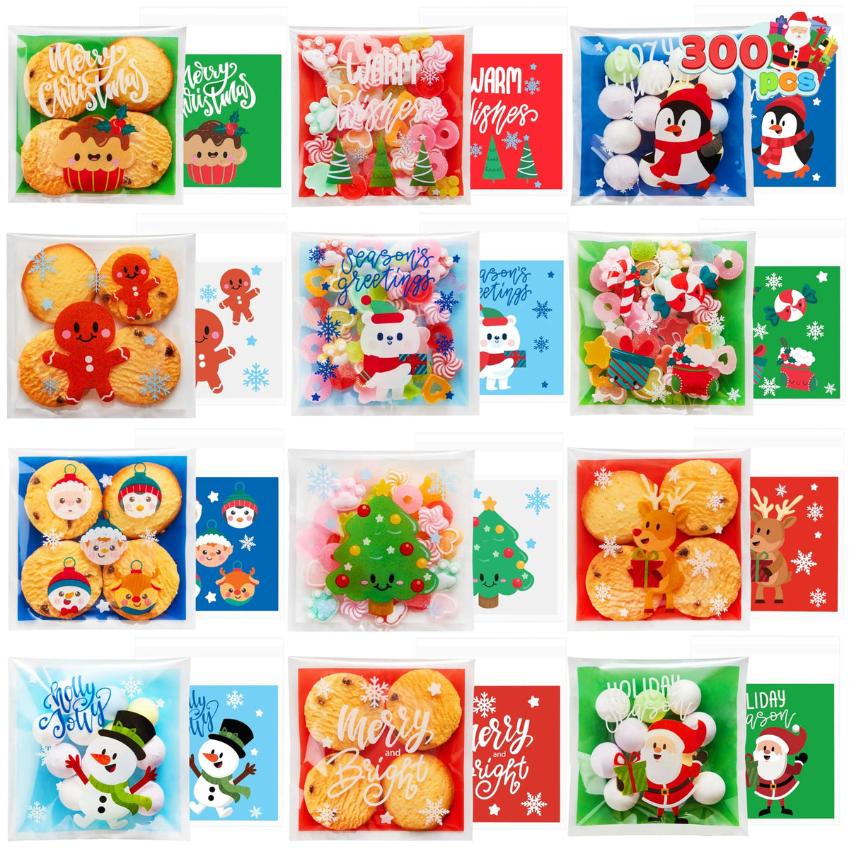 300 Pack Christmas Cellophane Candy Treat Bags