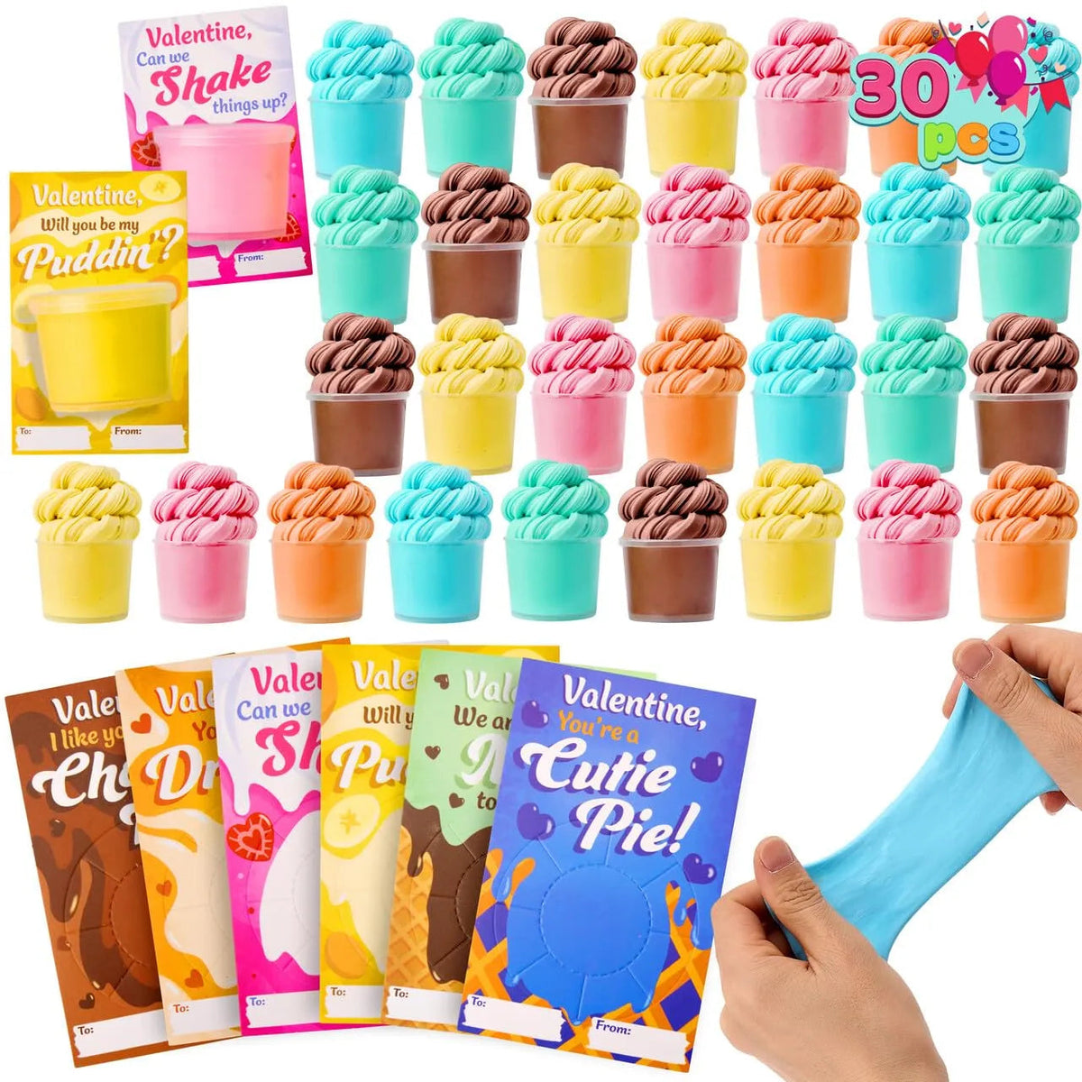 Valentine's Day Cards with Butter Slime Fidget Toys, 30 Packs of 6 Designs