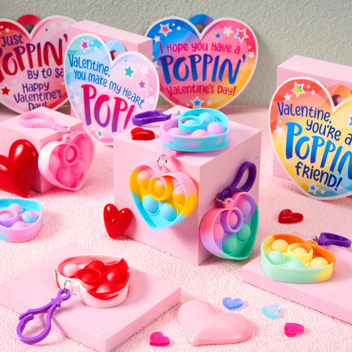 30 Packs Valentine's Day Gift Cards with 6 Designs and Heart Bubble Keychain