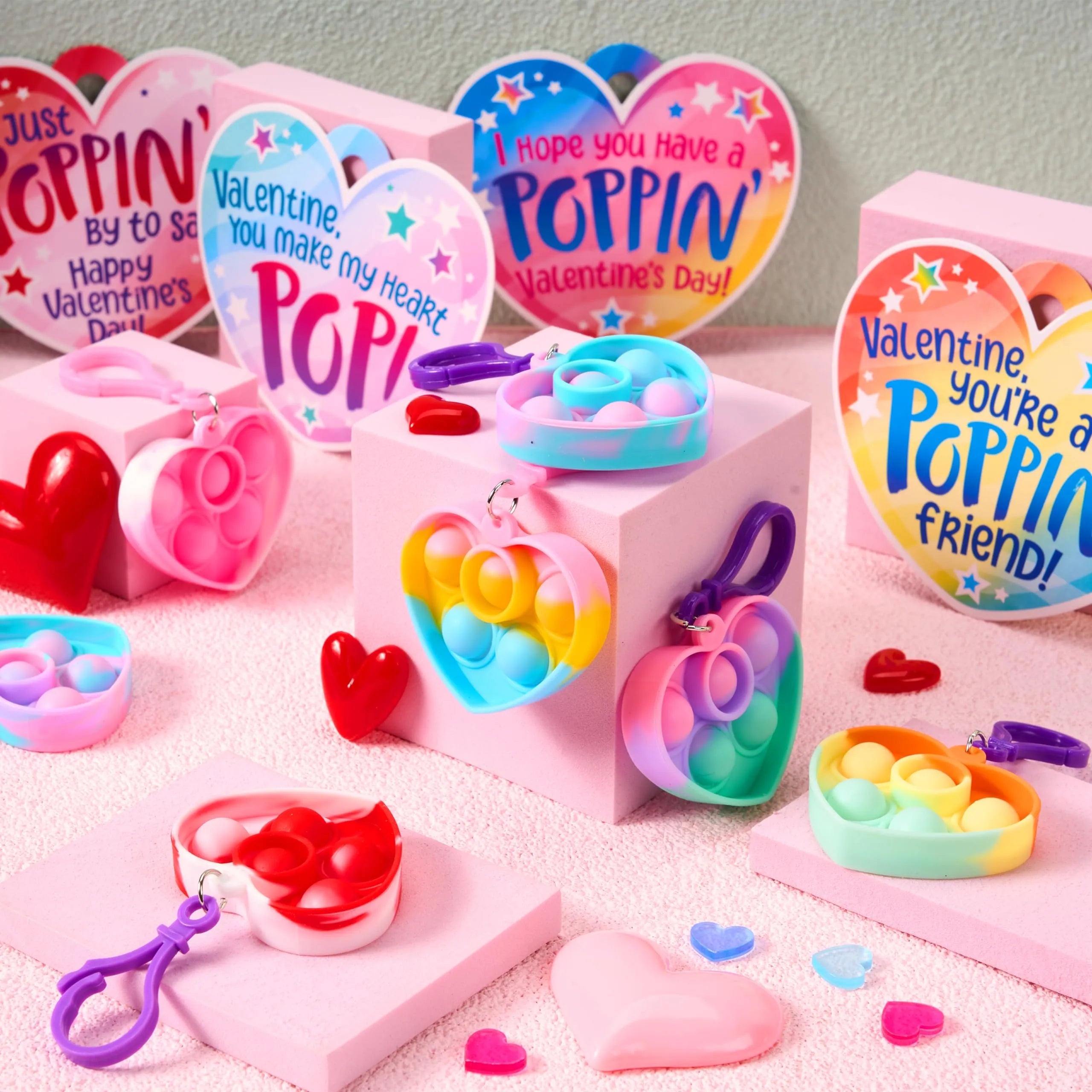 30 Packs Valentine's Day Gift Cards with 6 Designs and Heart Bubble Keychain