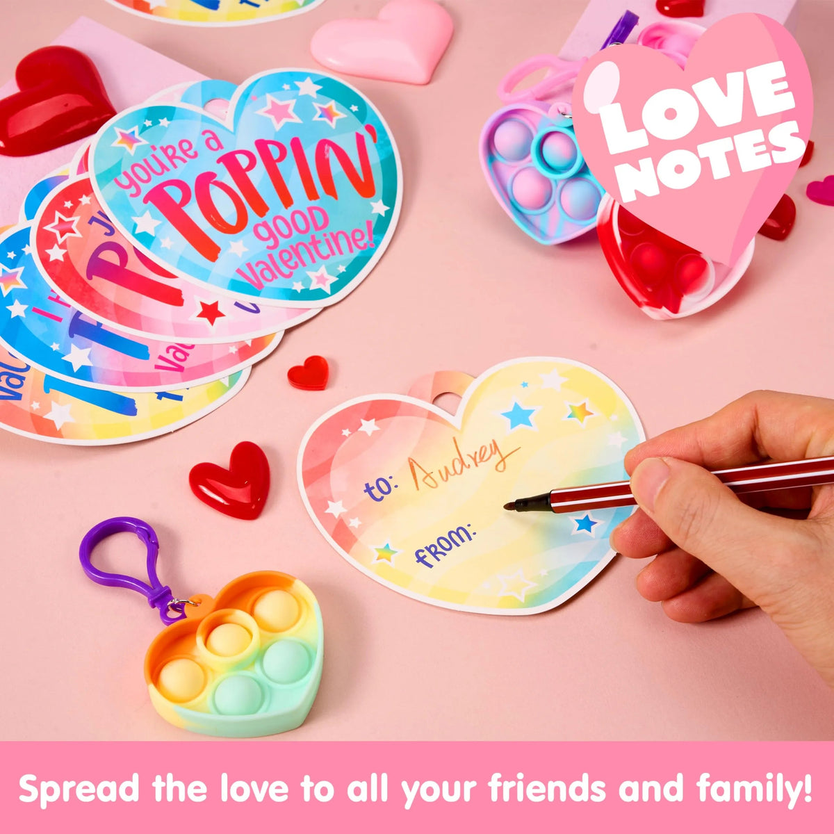 30 Packs Valentine's Day Gift Cards with 6 Designs and Heart Bubble Keychain