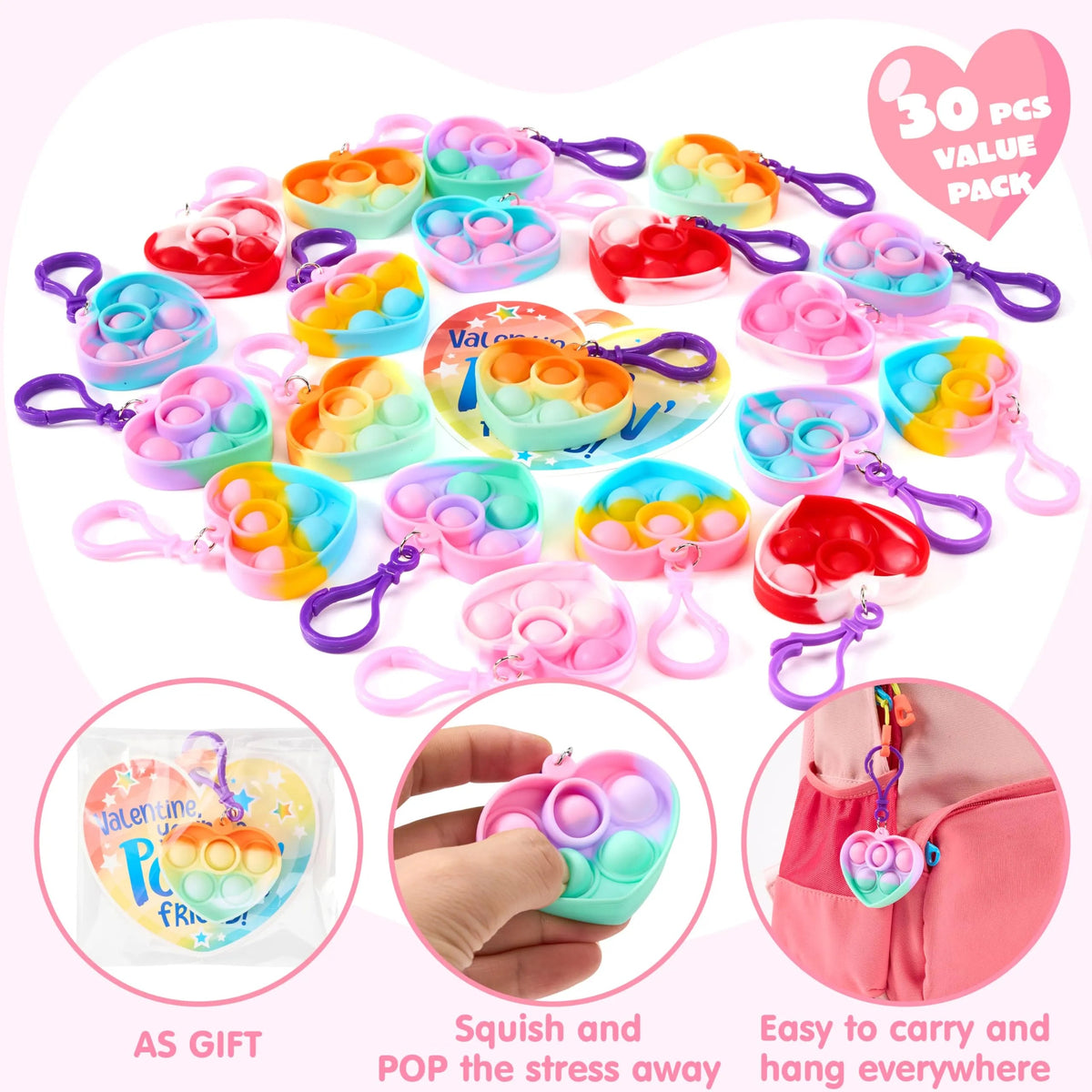 30 Packs Valentine's Day Gift Cards with 6 Designs and Heart Bubble Keychain