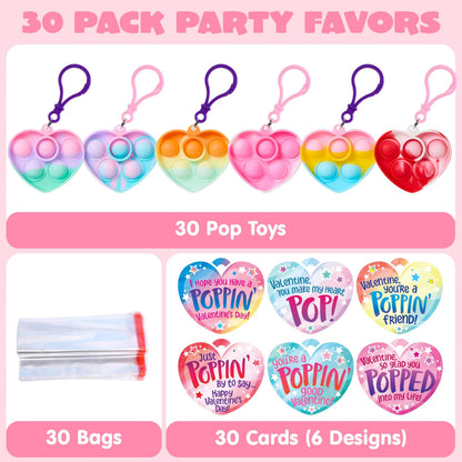 30 Packs Valentine's Day Gift Cards with 6 Designs and Heart Bubble Keychain