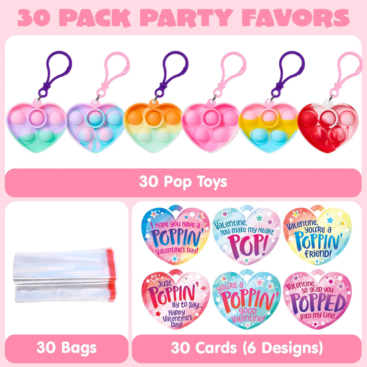 30 Packs Valentine's Day Gift Cards with 6 Designs and Heart Bubble Keychain