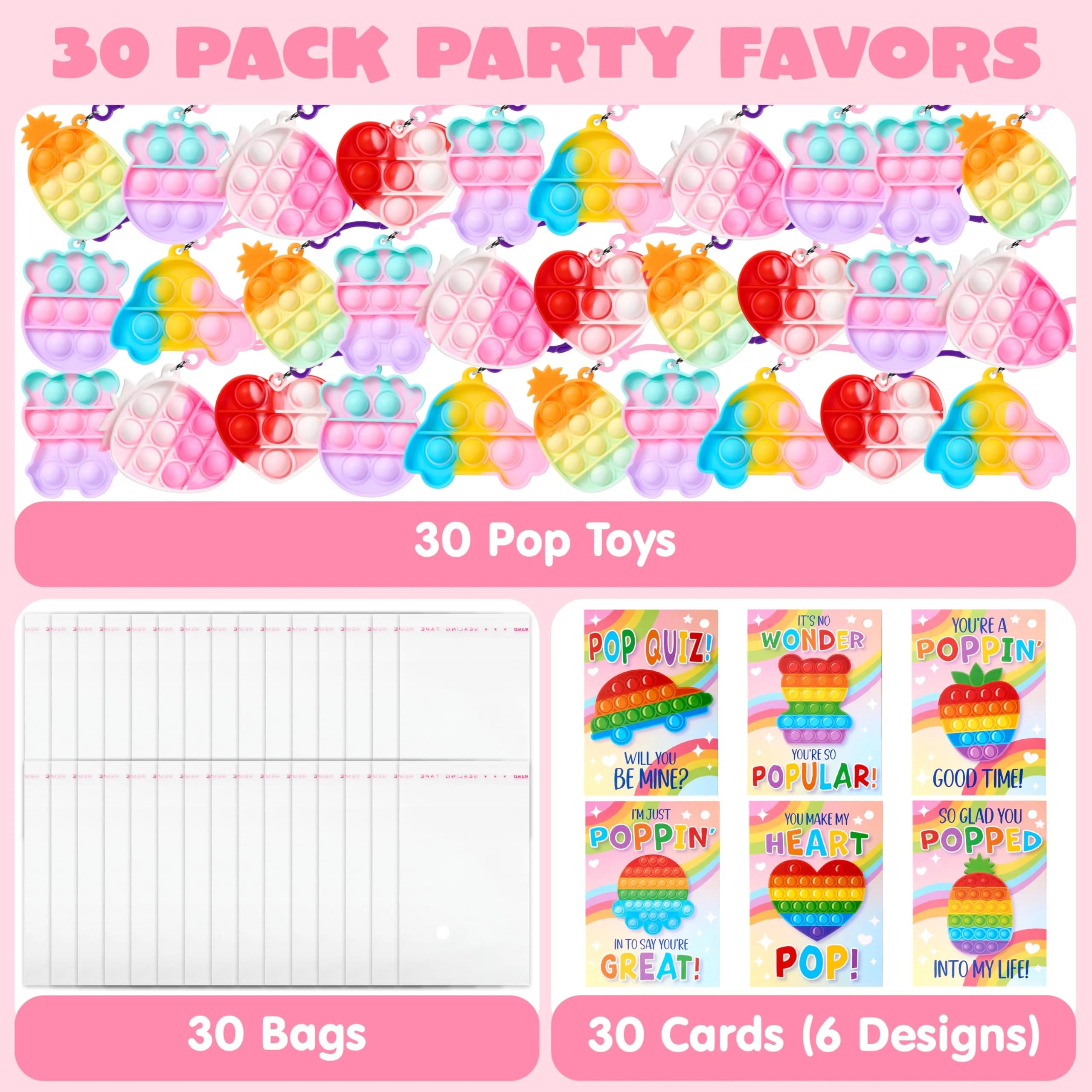 30 Packs Valentine's Day Gift Cards with 6 Designs and Multi-Shape Toys