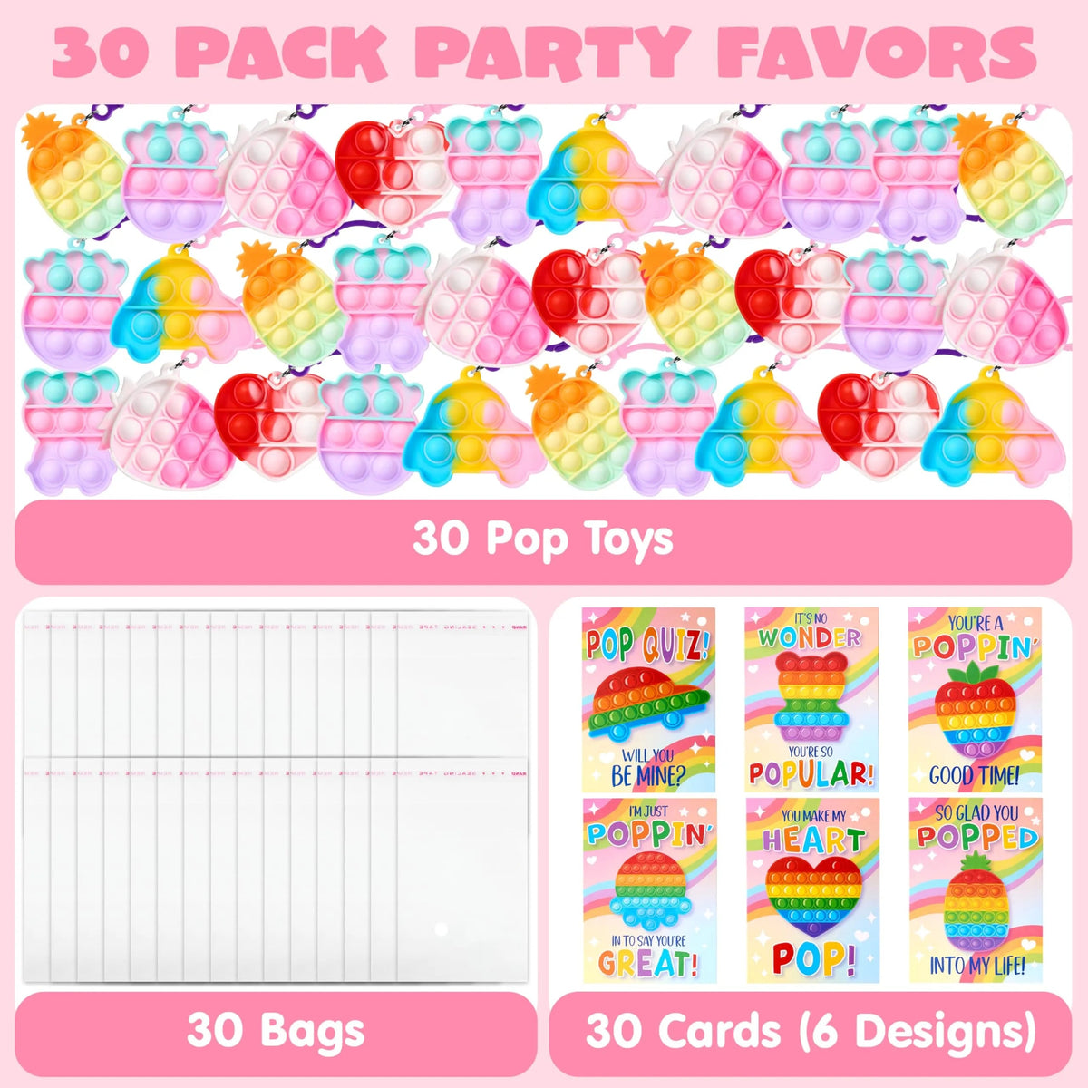 30 Packs Valentine's Day Gift Cards with 6 Designs and Multi-Shape Toys