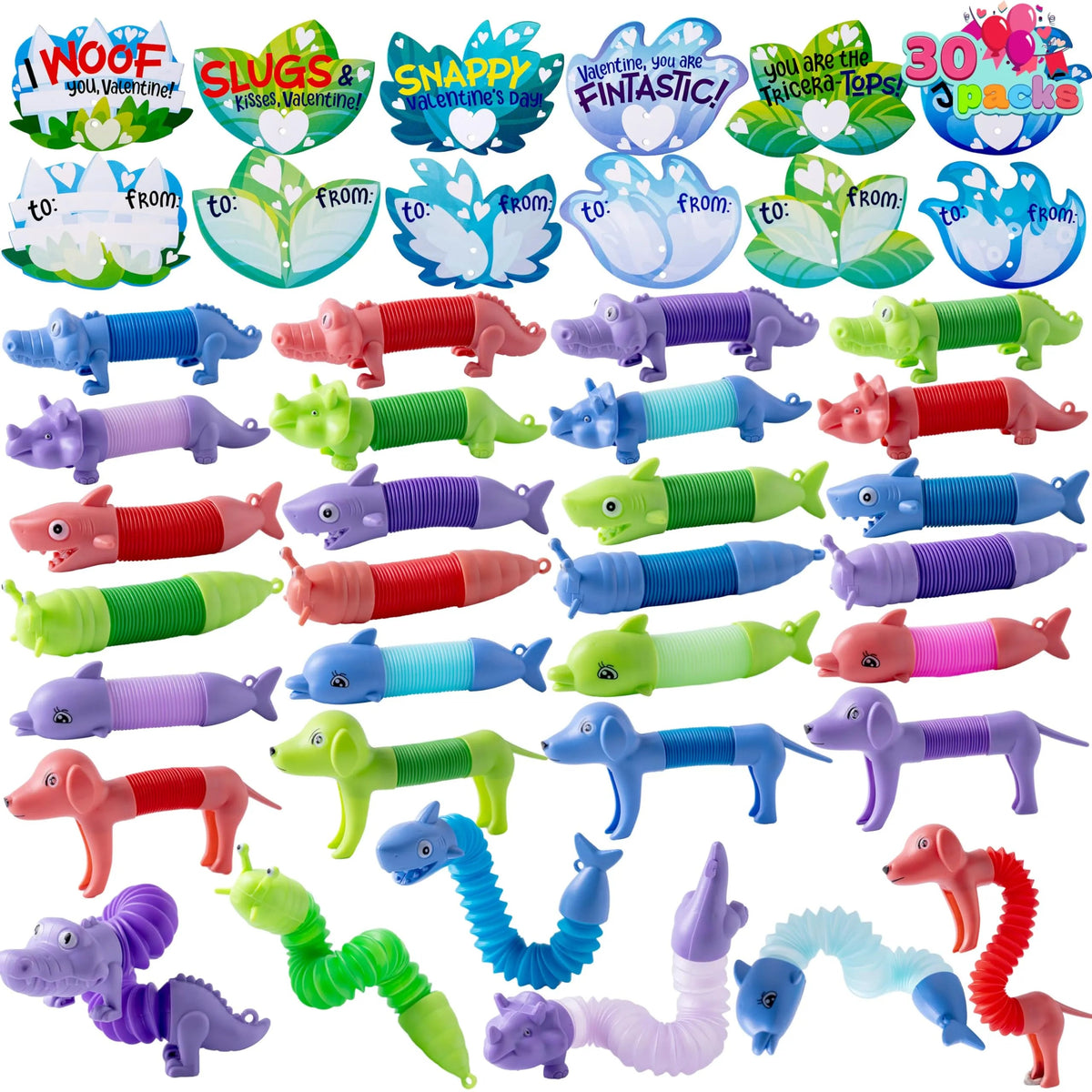 30-Pack Valentine's Day Cards with Critter Pop Tubes for Kids Classroom Gift Exchange
