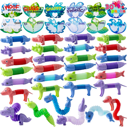 30-Pack Valentine's Day Cards with Critter Pop Tubes for Kids Classroom Gift Exchange