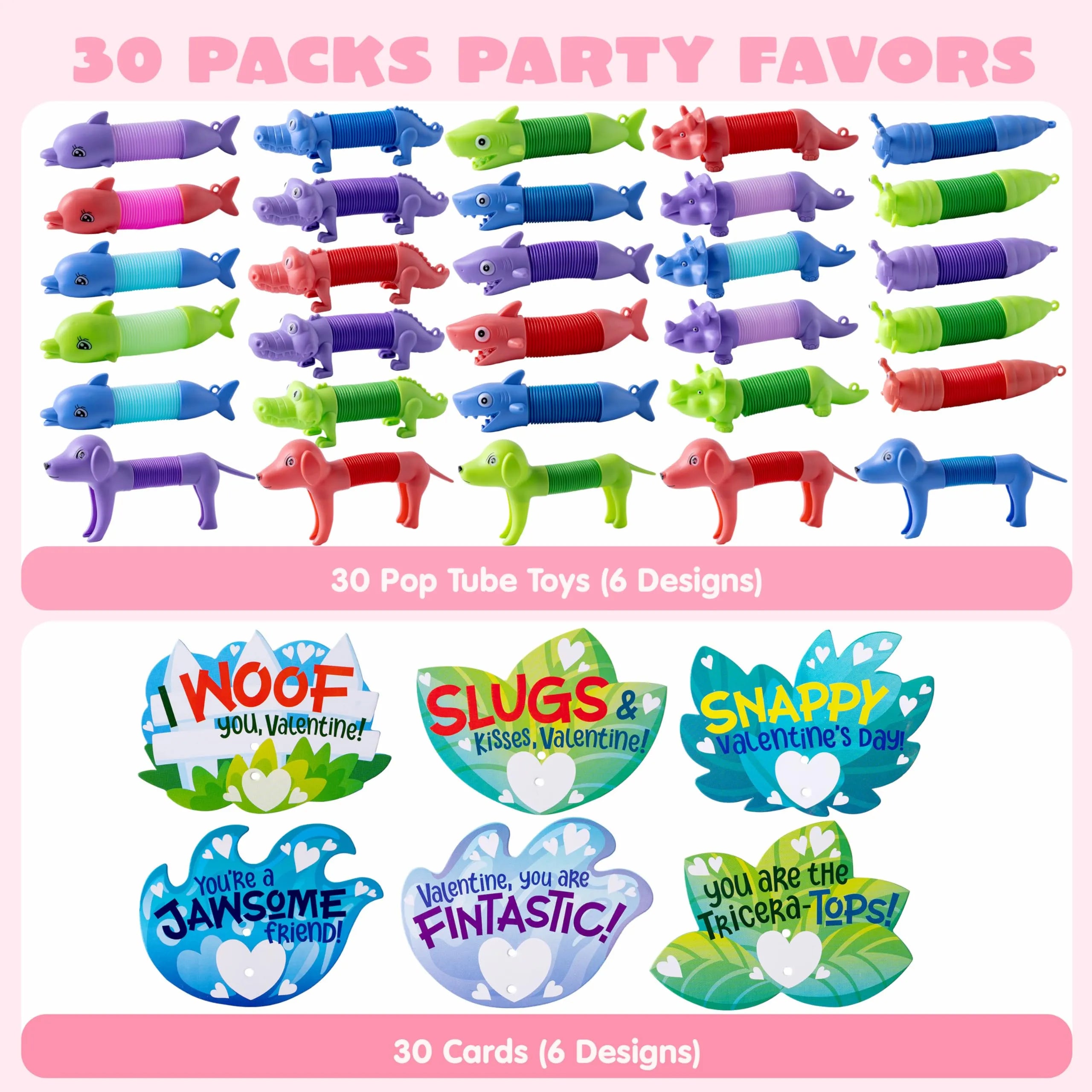 30-Pack Valentine's Day Cards with Critter Pop Tubes for Kids Classroom Gift Exchange