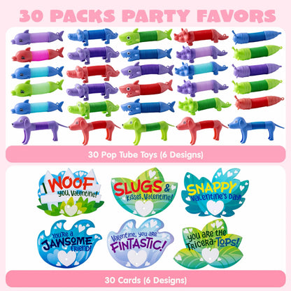 30-Pack Valentine's Day Cards with Critter Pop Tubes for Kids Classroom Gift Exchange