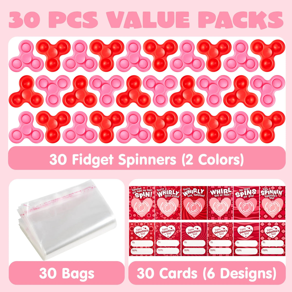 30 Pack Valentine's Day Cards with Fidget Spinners for Kids School Prizes
