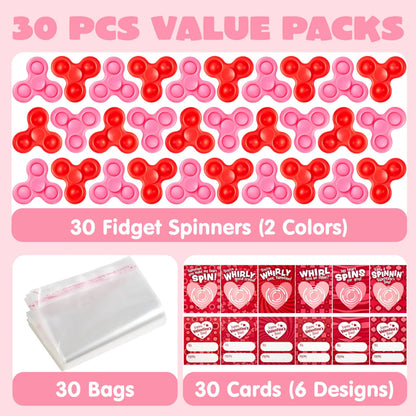 30 Pack Valentine's Day Cards with Fidget Spinners for Kids School Prizes