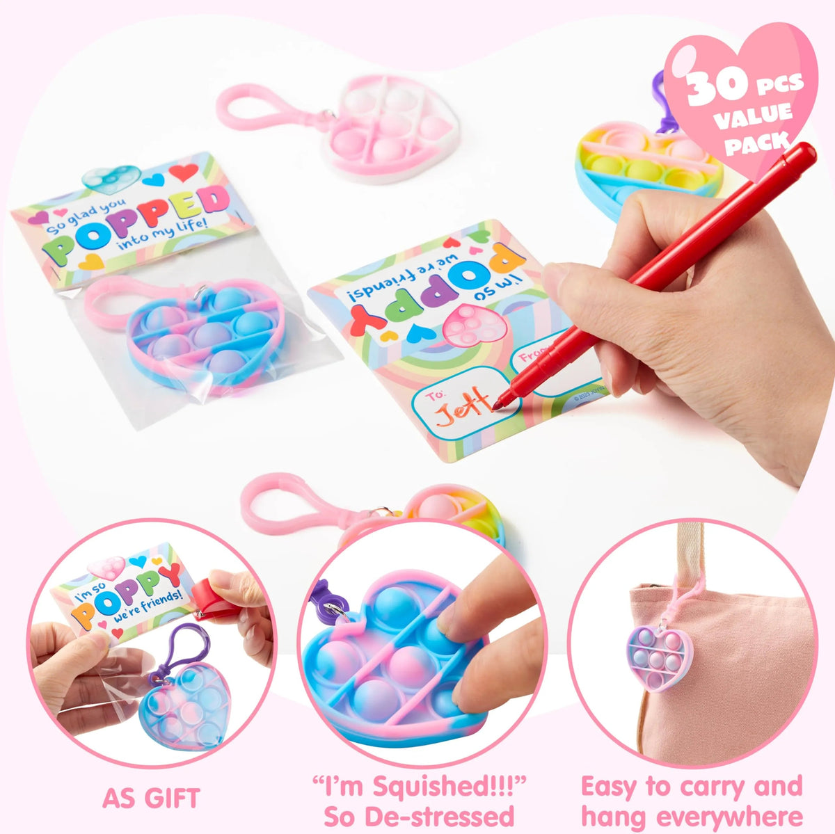 30-Pack Valentine's Day Gift Cards with Heart-Shaped Stress Relief Fidget Toys