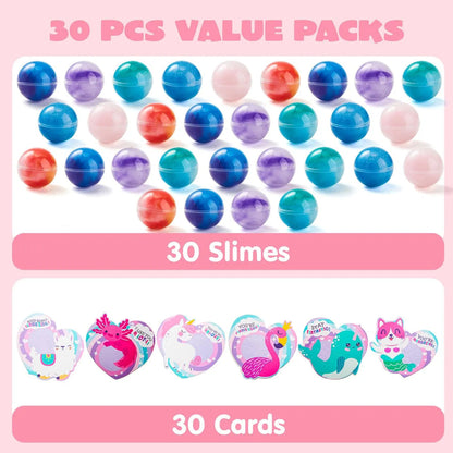 30 Pack Valentine's Day Gift Cards with Rainbow Slime Fidget Toy for Classroom Exchange