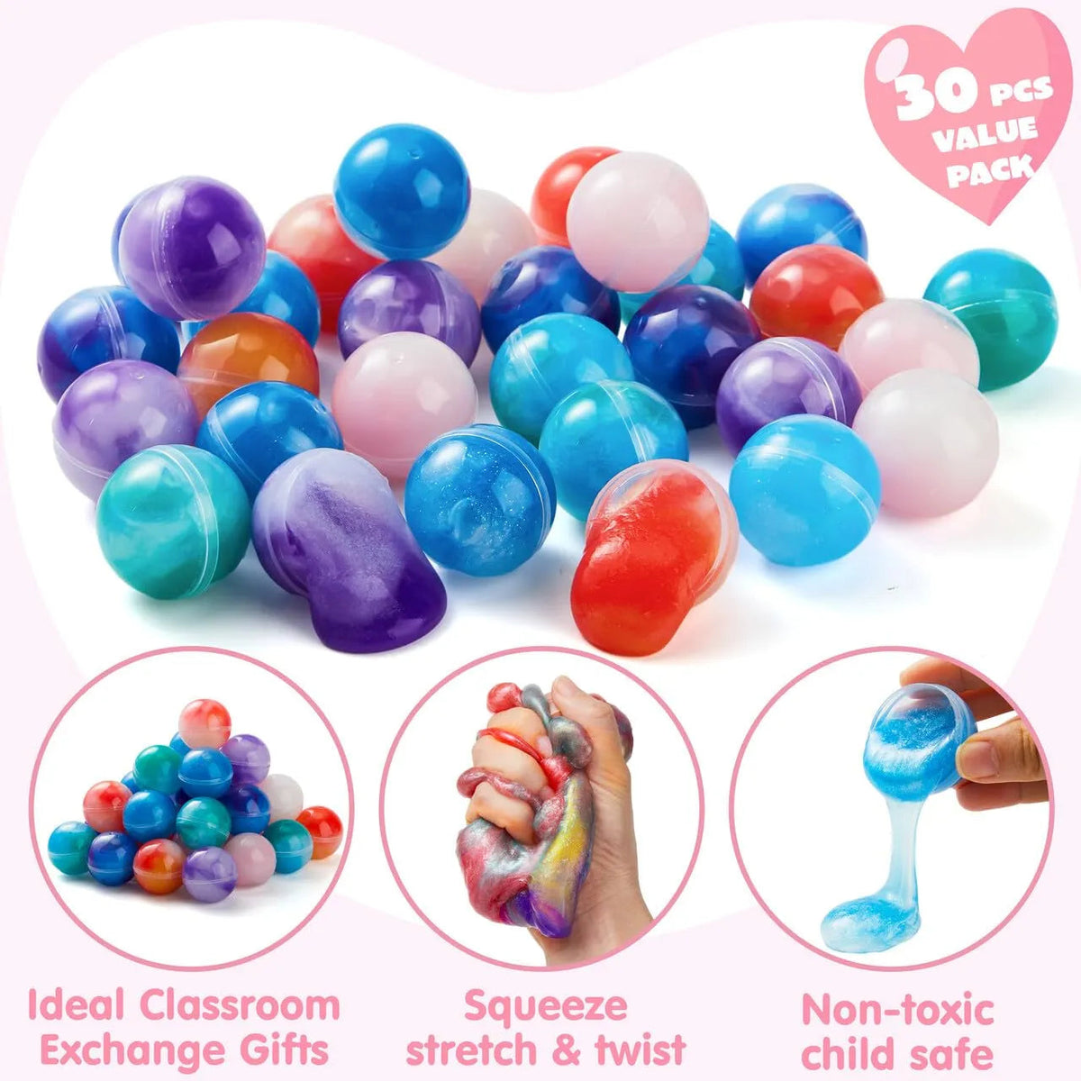 30 Pack Valentine's Day Gift Cards with Rainbow Slime Fidget Toy for Classroom Exchange