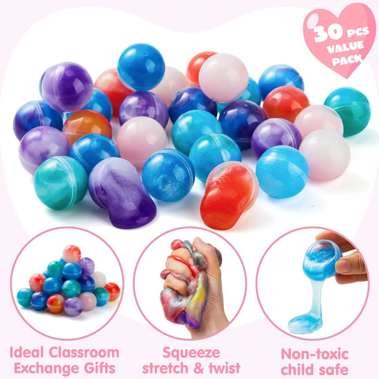 30 Pack Valentine's Day Gift Cards with Rainbow Slime Fidget Toy for Classroom Exchange