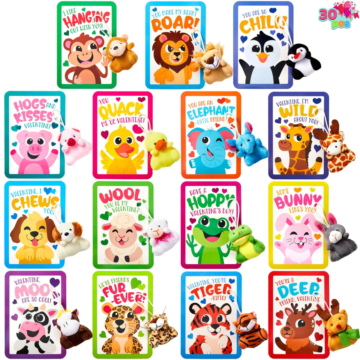 30-Pack Valentine's Day Cards with Animal Plush Toys for Kids