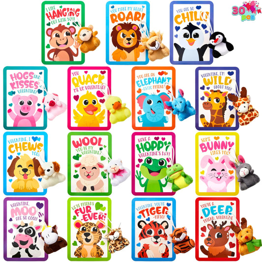 30-Pack Valentine's Day Cards with Animal Plush Toys for Kids