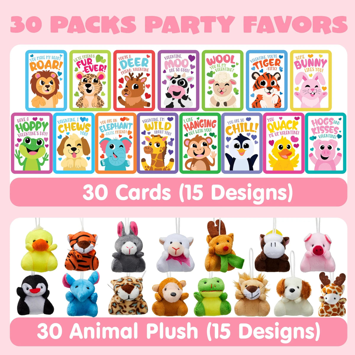 30-Pack Valentine's Day Cards with Animal Plush Toys for Kids