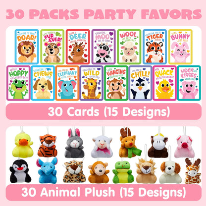 30-Pack Valentine's Day Cards with Animal Plush Toys for Kids