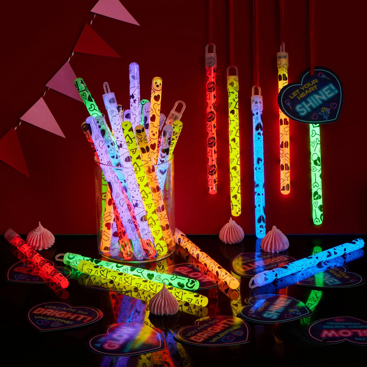 30 Packs Valentine's Day Cards with Bright Large Glow Sticks for Kids Classroom Exchange