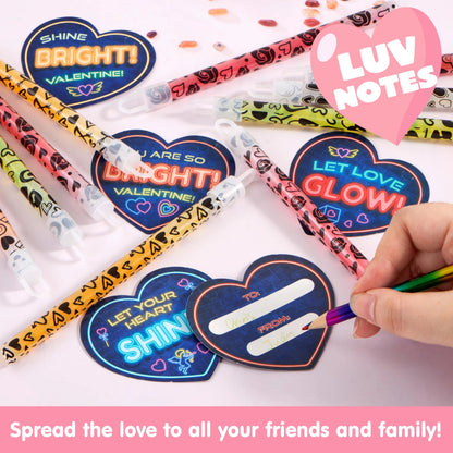30 Packs Valentine's Day Cards with Bright Large Glow Sticks for Kids Classroom Exchange