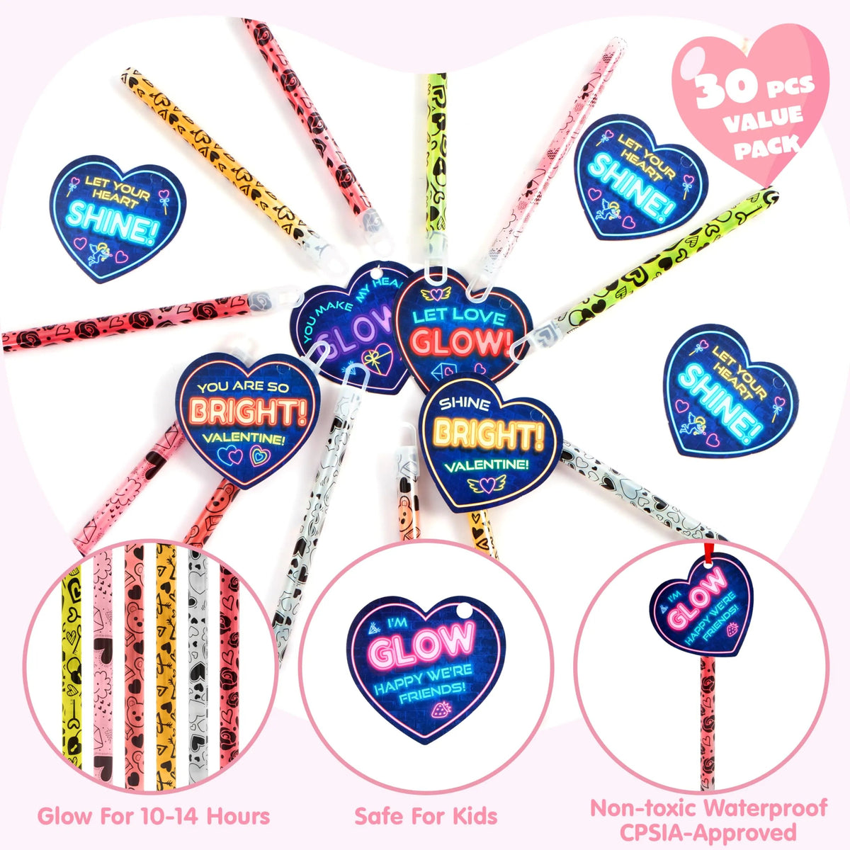 30 Packs Valentine's Day Cards with Bright Large Glow Sticks for Kids Classroom Exchange