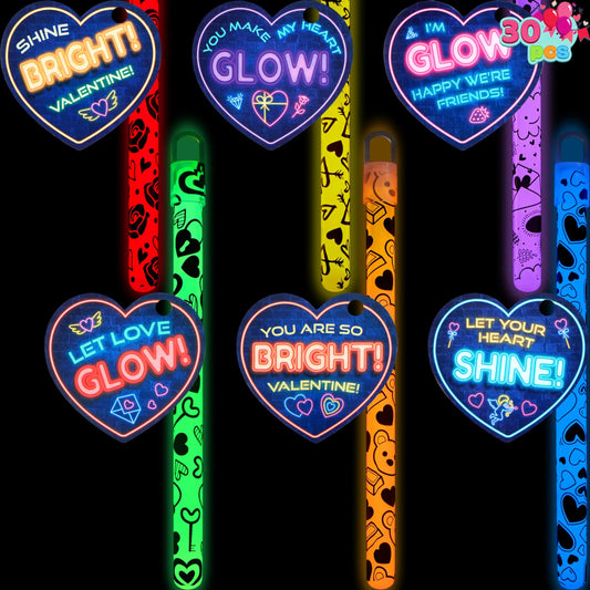 30 Packs Valentine's Day Cards with Bright Large Glow Sticks for Kids Classroom Exchange