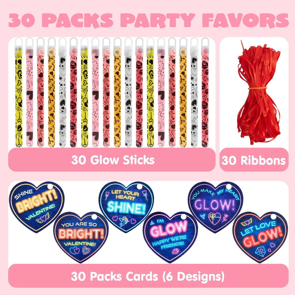 30 Packs Valentine's Day Cards with Bright Large Glow Sticks for Kids Classroom Exchange