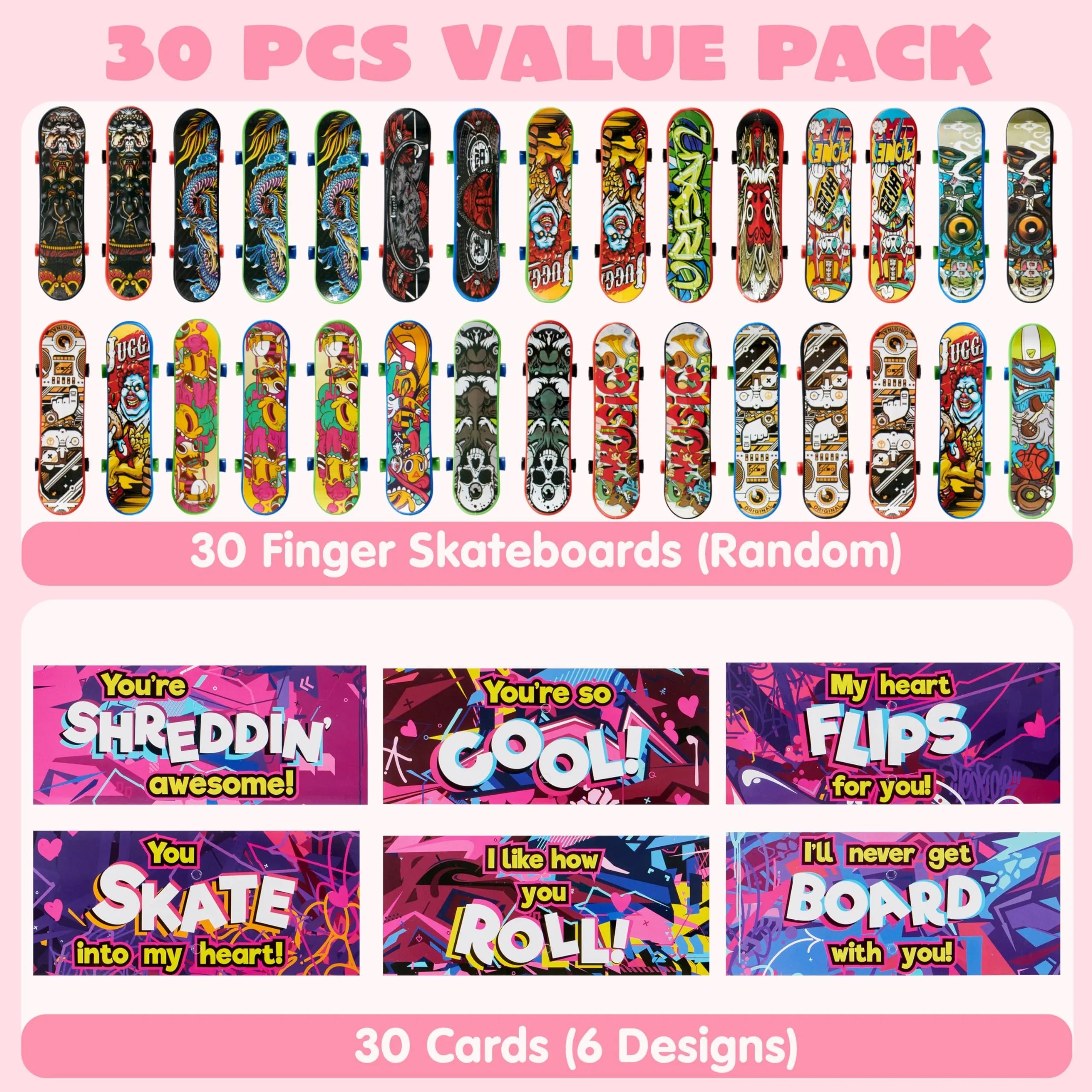 30-Pack Valentine's Day Mini Finger Skateboards with Cards