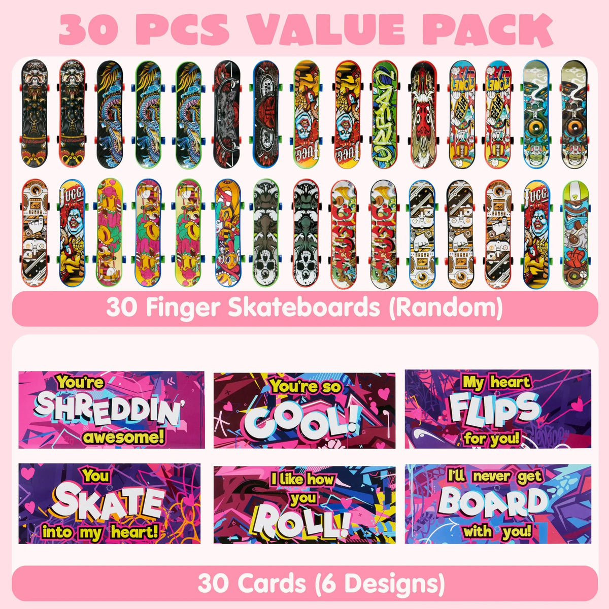 30-Pack Valentine's Day Mini Finger Skateboards with Cards