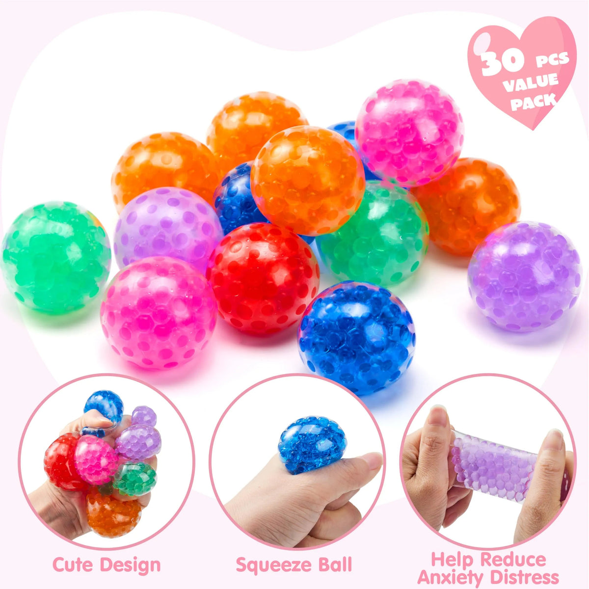 30-Pack Valentine's Day Water Droplet Stretchy Balls with Cards