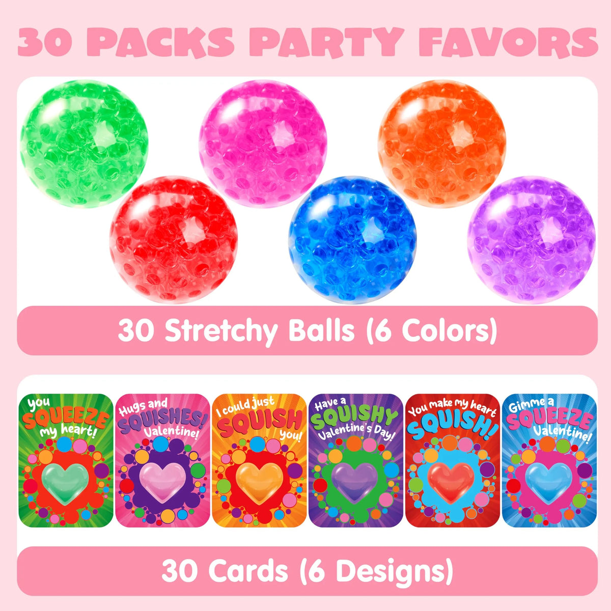 30-Pack Valentine's Day Water Droplet Stretchy Balls with Cards