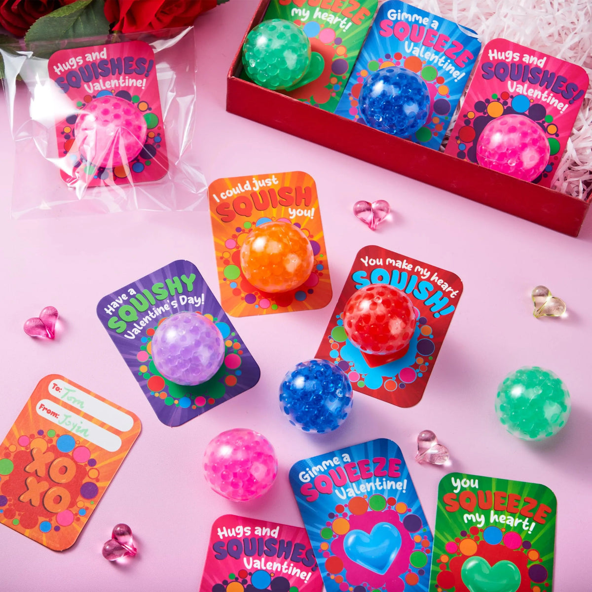 30-Pack Valentine's Day Water Droplet Stretchy Balls with Cards