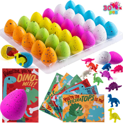30 Pack Valentine's Day Cards with Hatching Dinosaur Eggs Toys and Hangers - Classroom Exchange Gifts