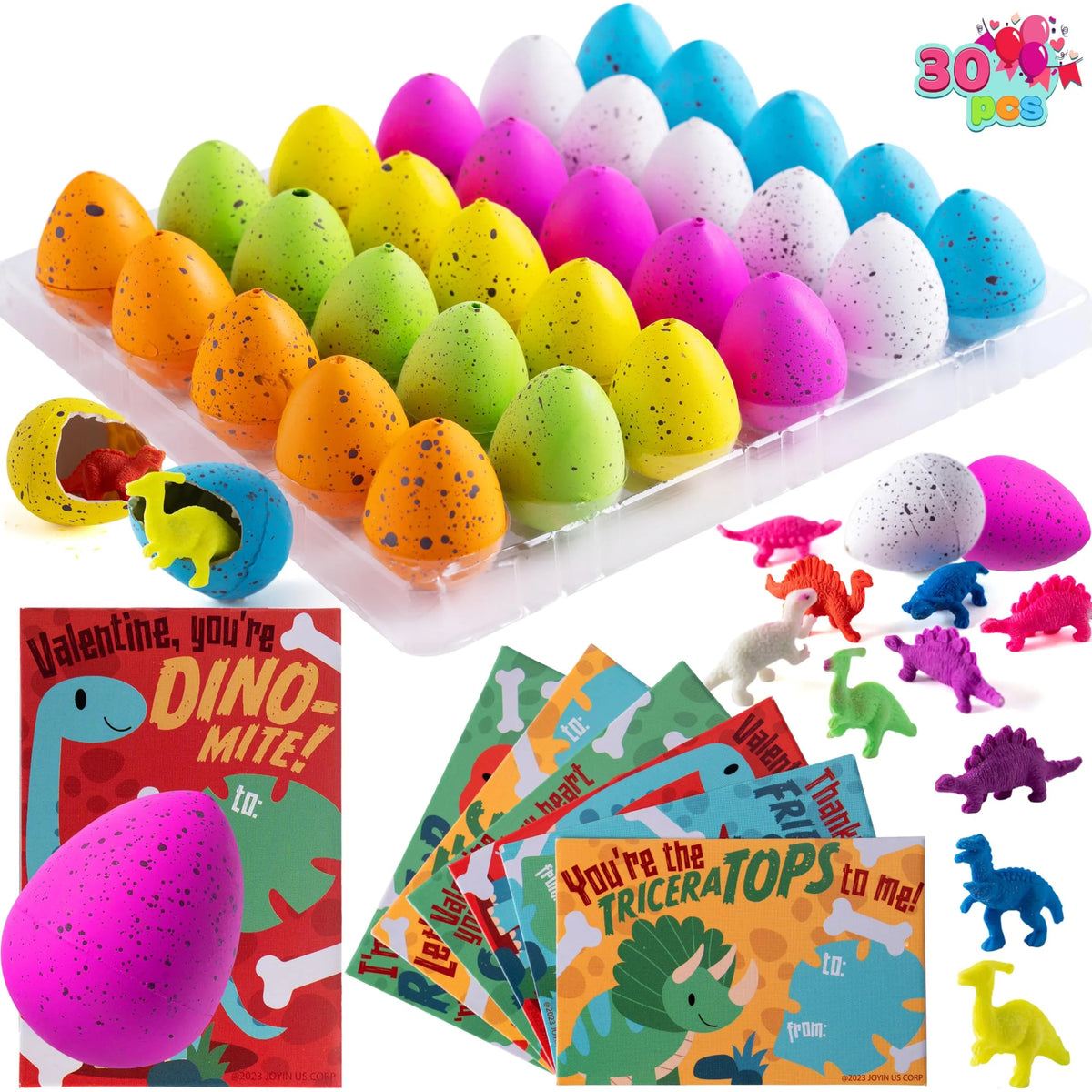 30 Pack Valentine's Day Cards with Hatching Dinosaur Eggs Toys and Hangers - Classroom Exchange Gifts
